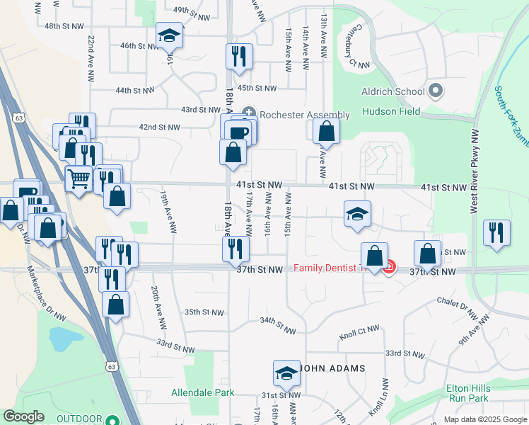 map of restaurants, bars, coffee shops, grocery stores, and more near 4005 16th Avenue Northwest in Rochester
