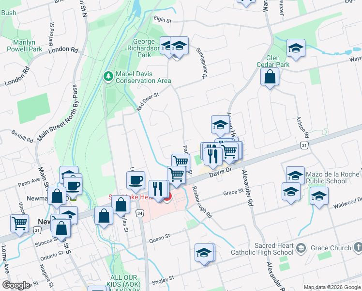 map of restaurants, bars, coffee shops, grocery stores, and more near 66 Patterson Street in Newmarket