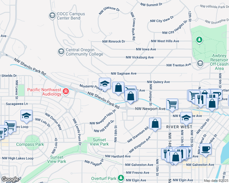 map of restaurants, bars, coffee shops, grocery stores, and more near 1874 Monterey Pines Drive in Bend