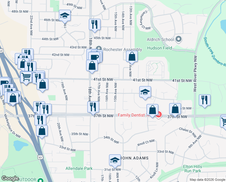 map of restaurants, bars, coffee shops, grocery stores, and more near 4003 15th Avenue Northwest in Rochester