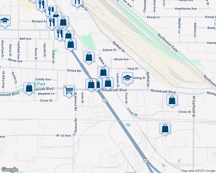 map of restaurants, bars, coffee shops, grocery stores, and more near 2633 Roosevelt Boulevard in Eugene