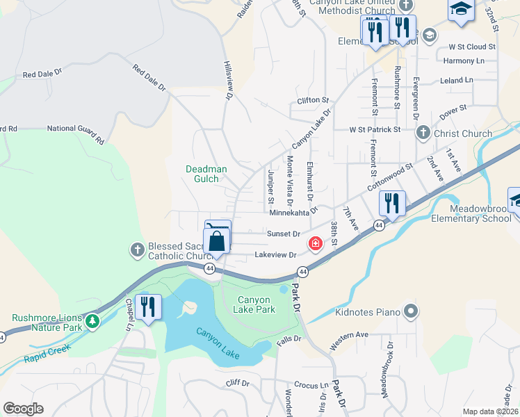 map of restaurants, bars, coffee shops, grocery stores, and more near 4028 Minnekahta Drive in Rapid City