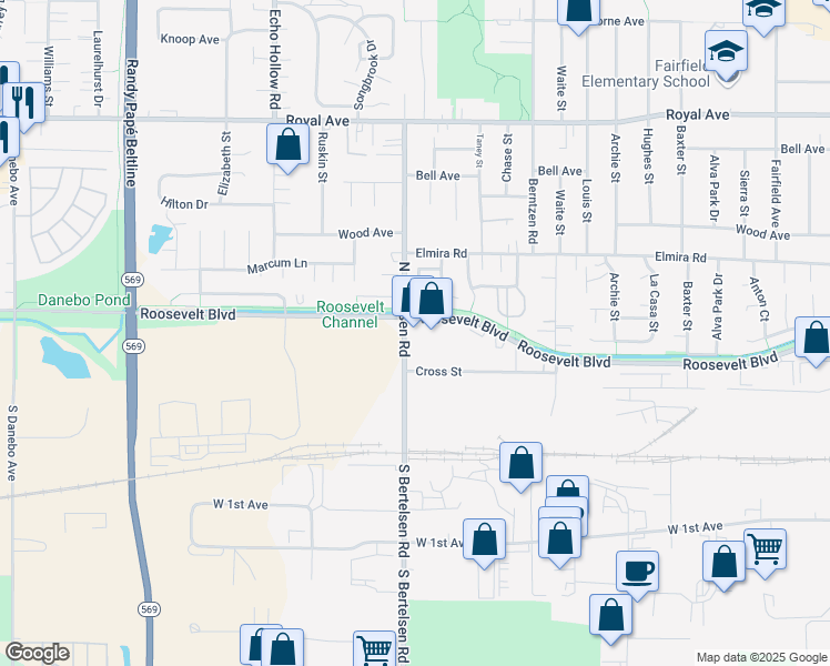 map of restaurants, bars, coffee shops, grocery stores, and more near 3990 Roosevelt Boulevard in Eugene