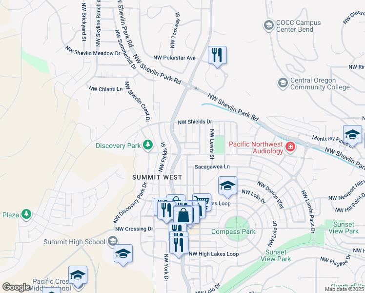 map of restaurants, bars, coffee shops, grocery stores, and more near 2665 North West Bratton Lane in Bend