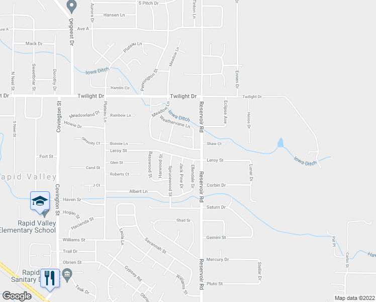 map of restaurants, bars, coffee shops, grocery stores, and more near 2205 Meadow Lane in Rapid City