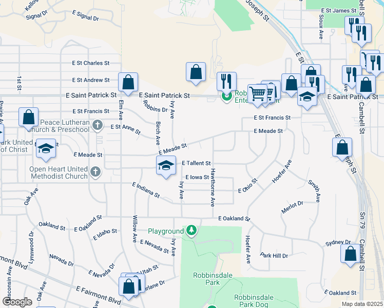 map of restaurants, bars, coffee shops, grocery stores, and more near 613 Haines Court in Rapid City