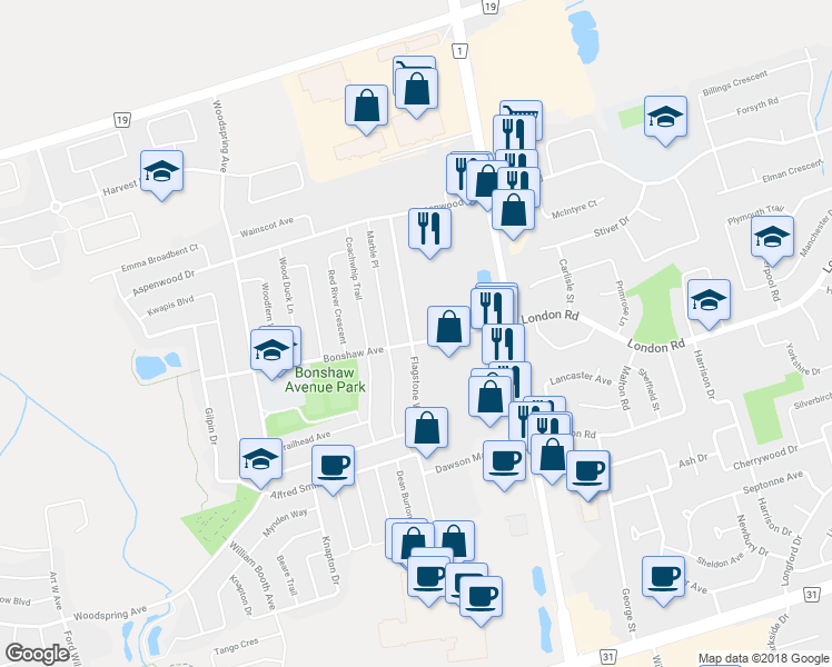 map of restaurants, bars, coffee shops, grocery stores, and more near 293 Flagstone Way in Newmarket