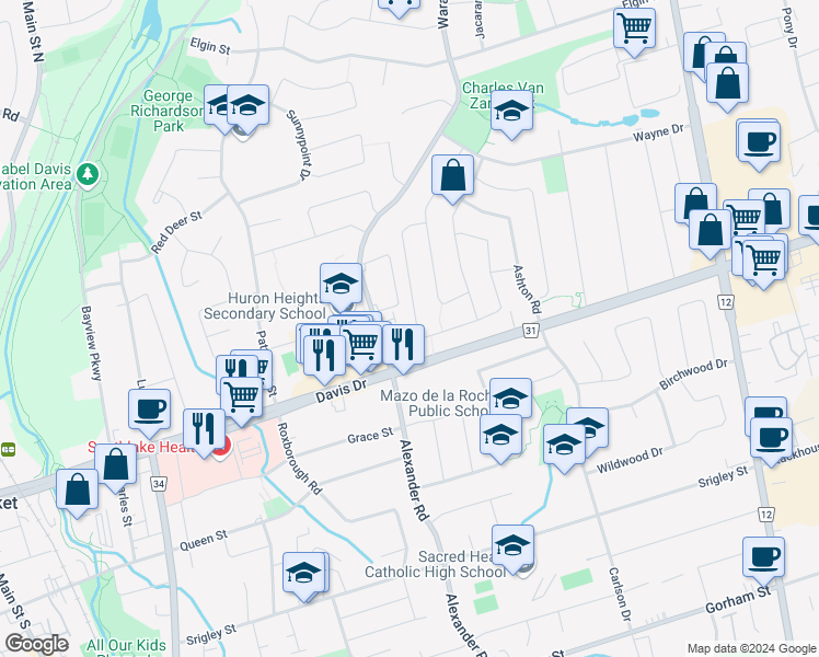 map of restaurants, bars, coffee shops, grocery stores, and more near 102 Eastman Crescent in Newmarket