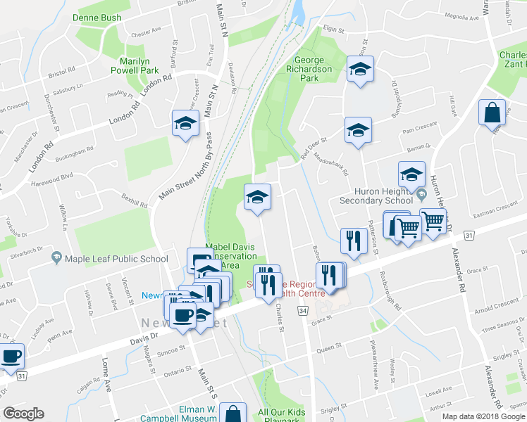 map of restaurants, bars, coffee shops, grocery stores, and more near 103 Bayview Parkway in Newmarket