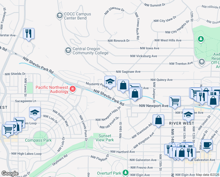 map of restaurants, bars, coffee shops, grocery stores, and more near 1933 Northwest Monterey Pines Drive in Bend