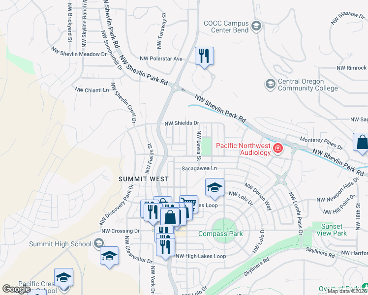 map of restaurants, bars, coffee shops, grocery stores, and more near 2605 North West Bratton Lane in Bend