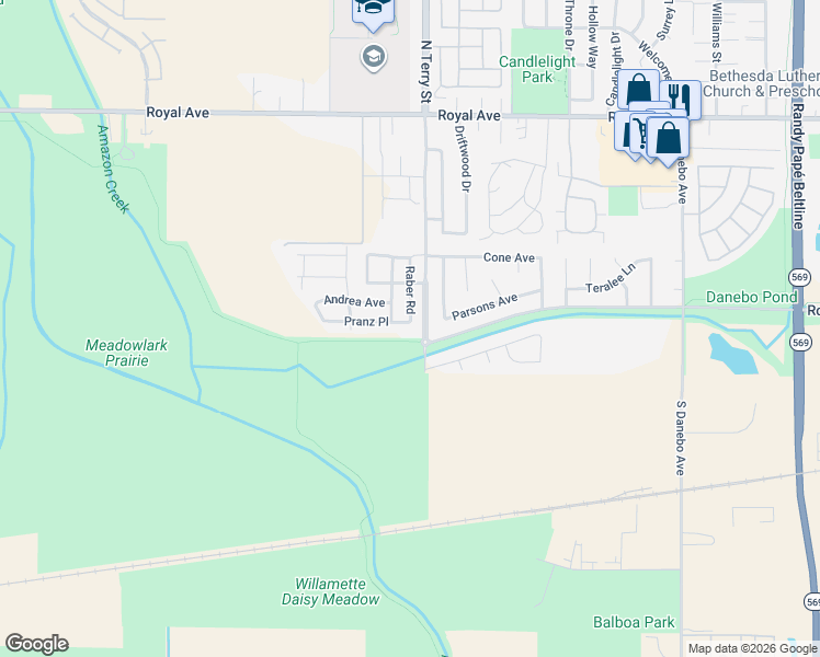 map of restaurants, bars, coffee shops, grocery stores, and more near 5442 Pranz Place in Eugene
