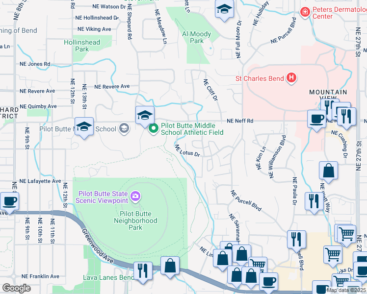 map of restaurants, bars, coffee shops, grocery stores, and more near 1760 Northeast Lotus Drive in Bend
