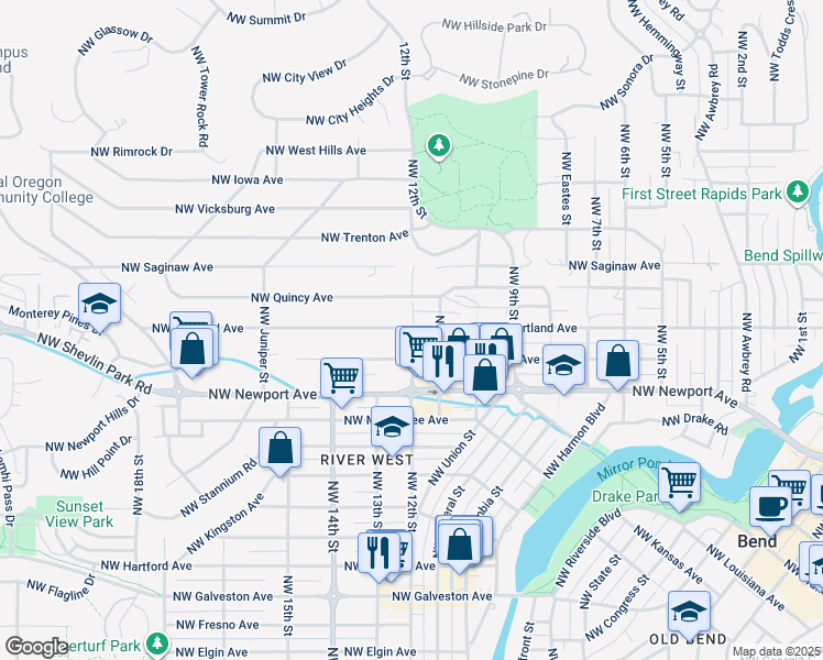 map of restaurants, bars, coffee shops, grocery stores, and more near 1205 Northwest Portland Avenue in Bend