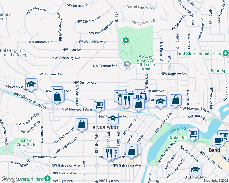 map of restaurants, bars, coffee shops, grocery stores, and more near 1205 Northwest Portland Avenue in Bend
