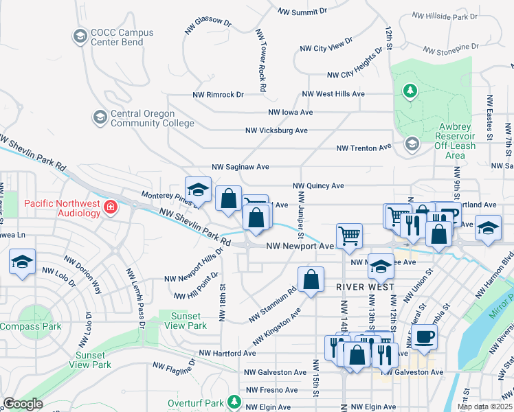 map of restaurants, bars, coffee shops, grocery stores, and more near 1695 Northwest Portland Avenue in Bend