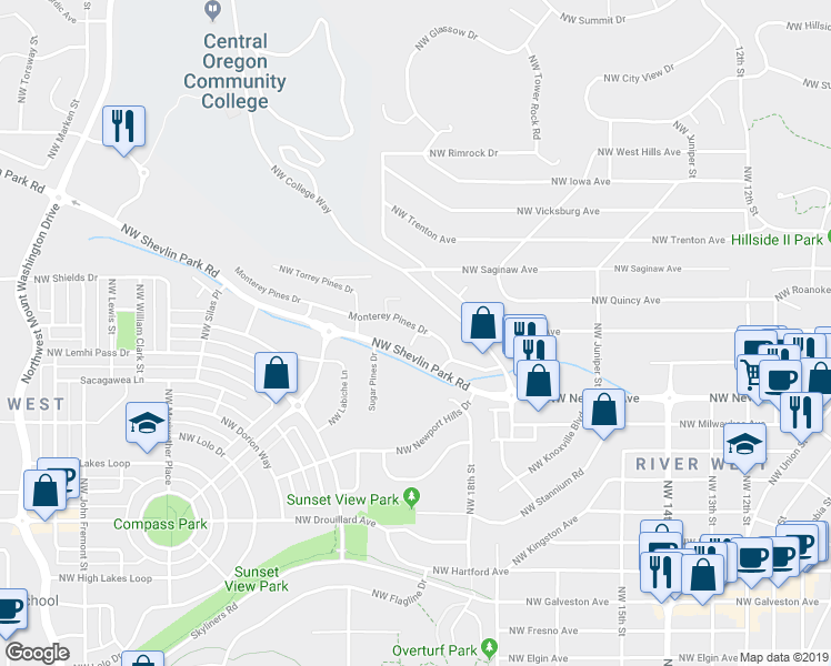 map of restaurants, bars, coffee shops, grocery stores, and more near in Deschutes County