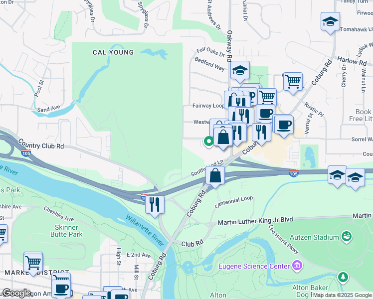 map of restaurants, bars, coffee shops, grocery stores, and more near 2004 Eastwood Lane in Eugene