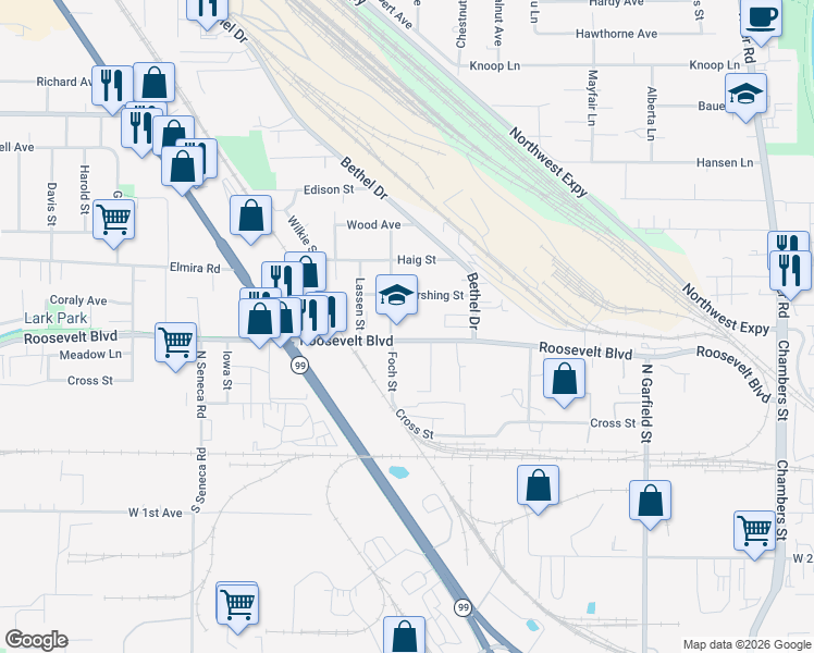 map of restaurants, bars, coffee shops, grocery stores, and more near 2465 Roosevelt Boulevard in Eugene