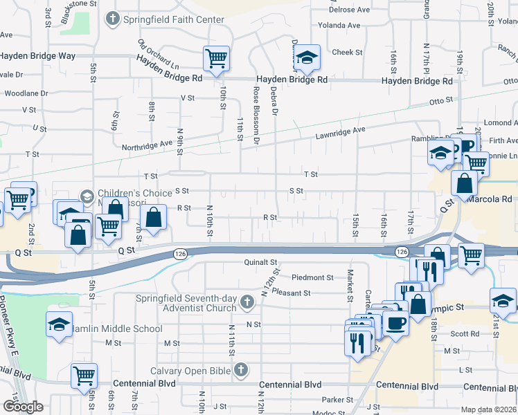 map of restaurants, bars, coffee shops, grocery stores, and more near 1180 R Street in Springfield