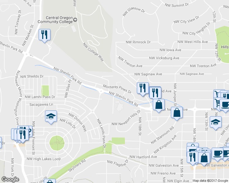 map of restaurants, bars, coffee shops, grocery stores, and more near 1986 Northwest Shevlin Park Road in Bend