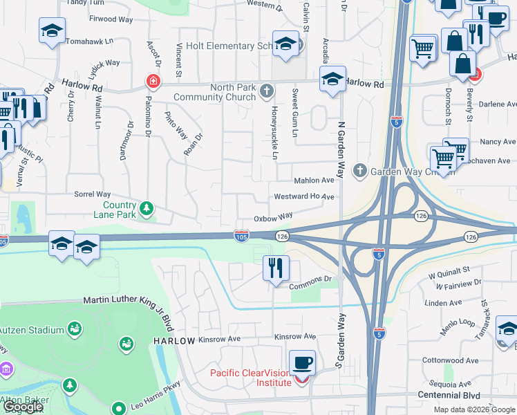 map of restaurants, bars, coffee shops, grocery stores, and more near 3490 Westward Ho Avenue in Eugene