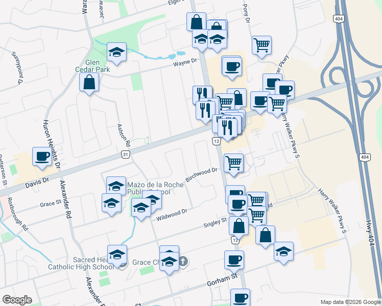 map of restaurants, bars, coffee shops, grocery stores, and more near 18 Manning Crescent in Newmarket