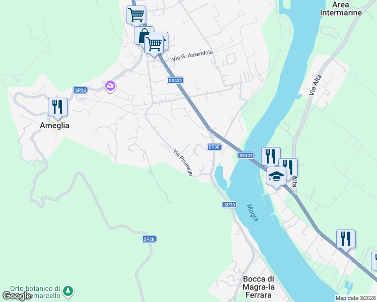 map of restaurants, bars, coffee shops, grocery stores, and more near 175 Via Pisanello in Ameglia