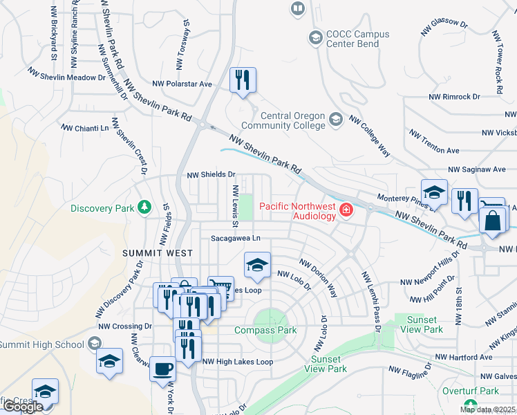 map of restaurants, bars, coffee shops, grocery stores, and more near 1470 Northwest William Clark Street in Bend