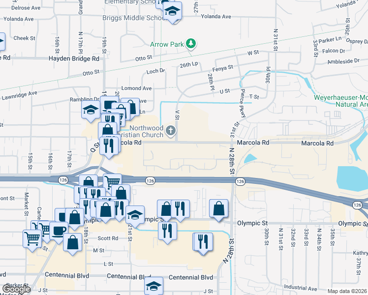 map of restaurants, bars, coffee shops, grocery stores, and more near 2541 Marcola Road in Springfield