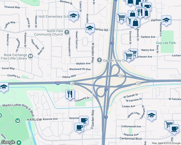 map of restaurants, bars, coffee shops, grocery stores, and more near 150 North Garden Way in Eugene