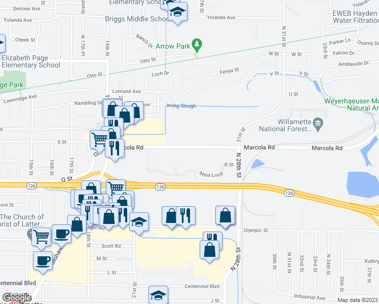 map of restaurants, bars, coffee shops, grocery stores, and more near 2541 Marcola Road in Springfield