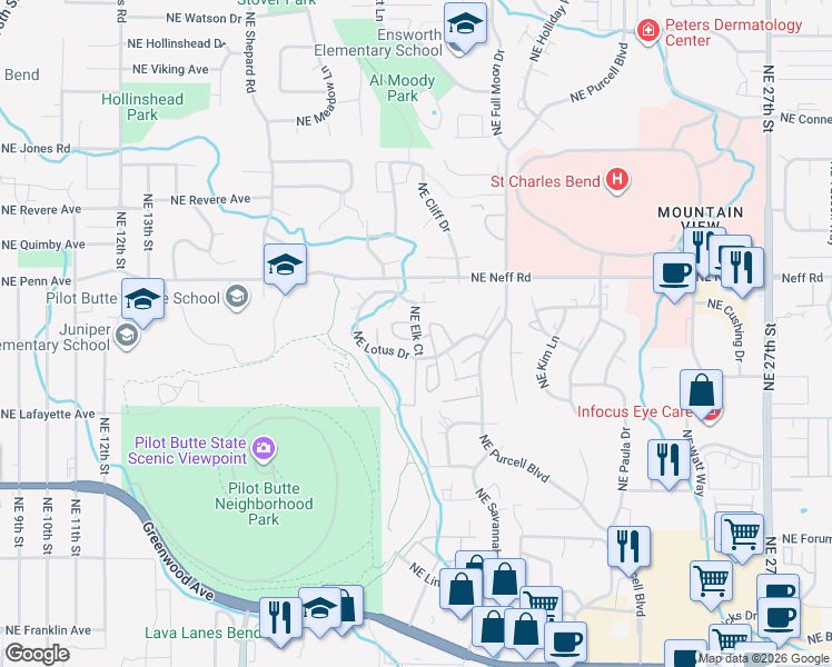 map of restaurants, bars, coffee shops, grocery stores, and more near 1330 Northeast Elk Court in Bend