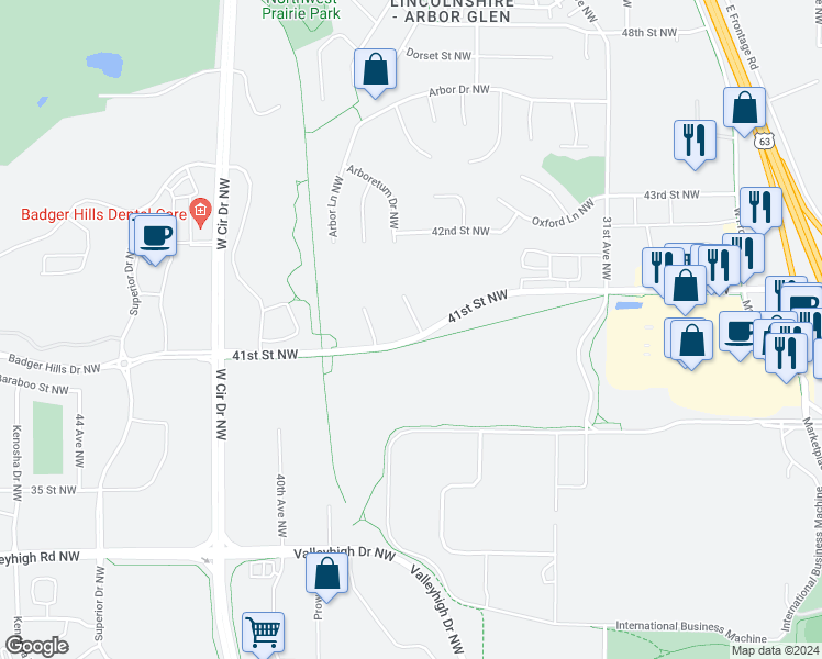 map of restaurants, bars, coffee shops, grocery stores, and more near 3625 Arboretum Drive Northwest in Rochester