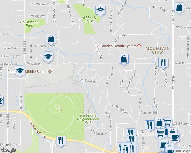 map of restaurants, bars, coffee shops, grocery stores, and more near 16641 Northeast Lotus Drive in Bend
