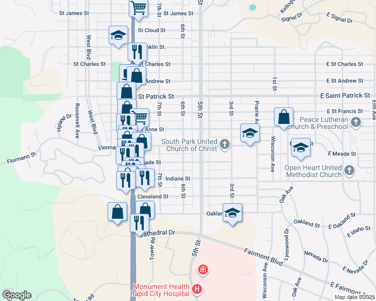map of restaurants, bars, coffee shops, grocery stores, and more near 2215 5th Street in Rapid City