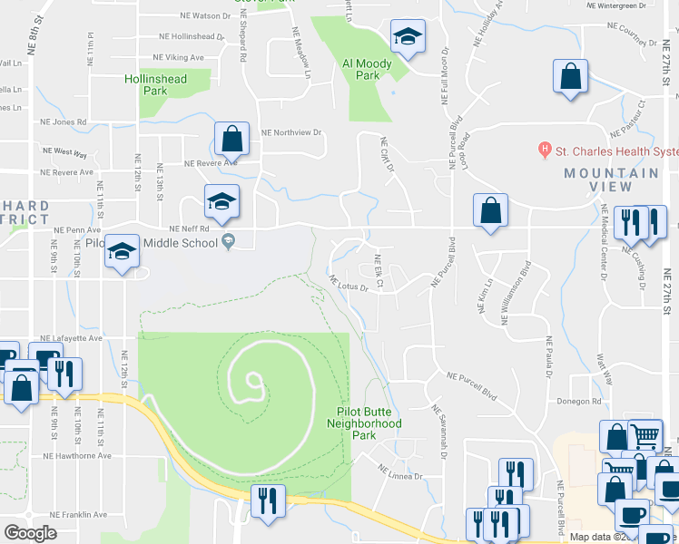 map of restaurants, bars, coffee shops, grocery stores, and more near 1760 Northeast Lotus Drive in Bend