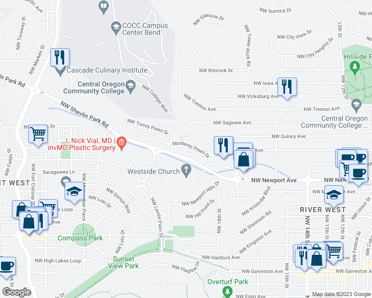 map of restaurants, bars, coffee shops, grocery stores, and more near 1941 Northwest Monterey Pines Drive in Bend