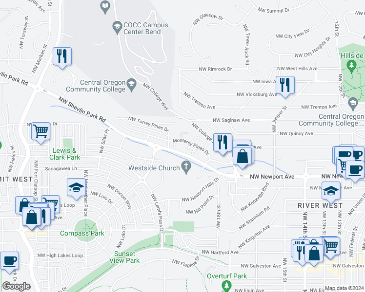 map of restaurants, bars, coffee shops, grocery stores, and more near 1941 Northwest Monterey Pines Drive in Bend