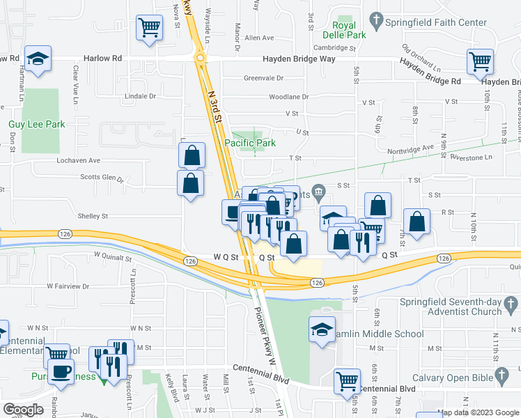 map of restaurants, bars, coffee shops, grocery stores, and more near 1950 2nd Street in Springfield