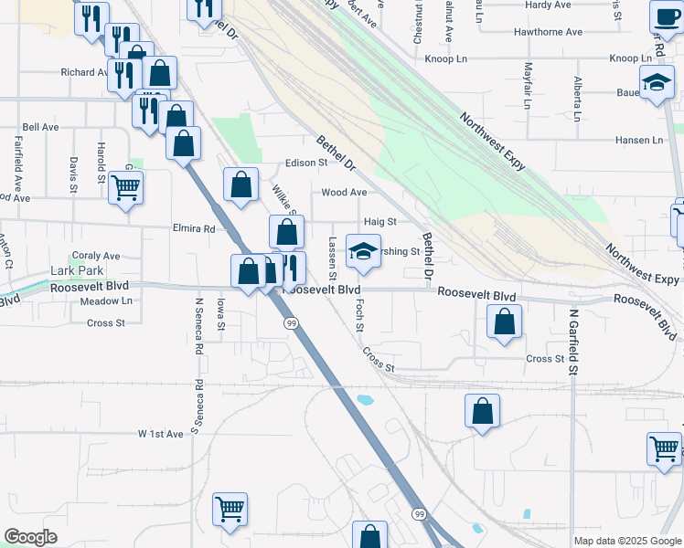 map of restaurants, bars, coffee shops, grocery stores, and more near 7 Lassen Street in Eugene