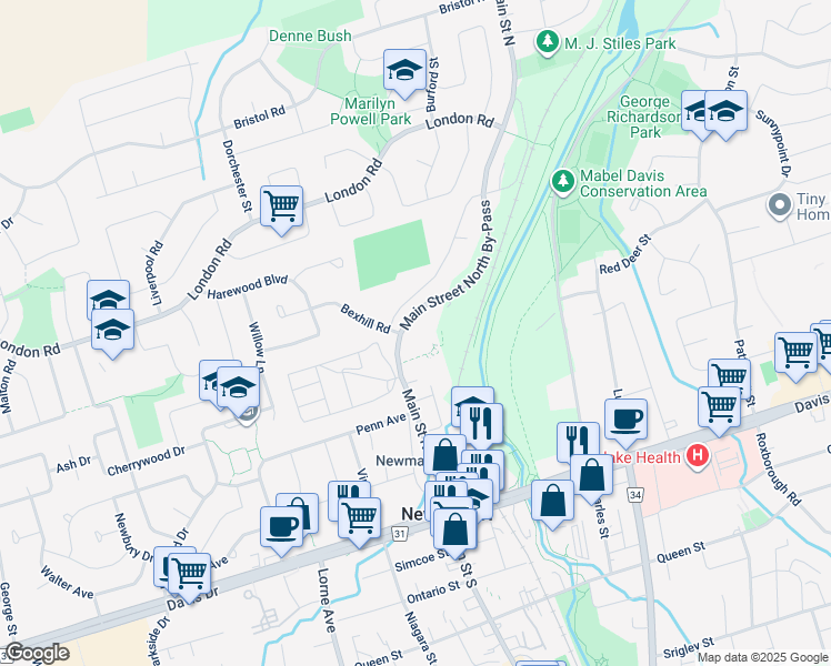 map of restaurants, bars, coffee shops, grocery stores, and more near 155 Main Street North in Newmarket