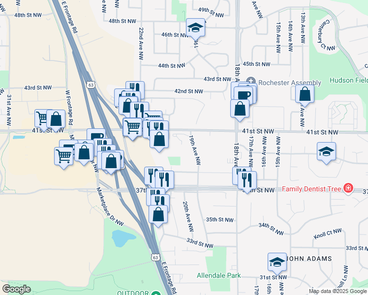 map of restaurants, bars, coffee shops, grocery stores, and more near 3919 19th Avenue Northwest in Rochester