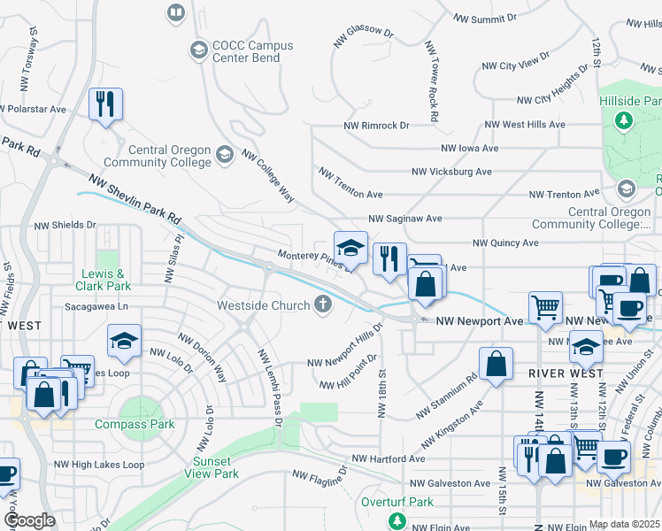 map of restaurants, bars, coffee shops, grocery stores, and more near 1937 Monterey Pines Drive in Bend