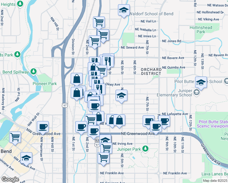 map of restaurants, bars, coffee shops, grocery stores, and more near 414 Northeast Norton Avenue in Bend