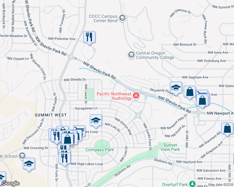 map of restaurants, bars, coffee shops, grocery stores, and more near 2387 Labiche Lane in Bend