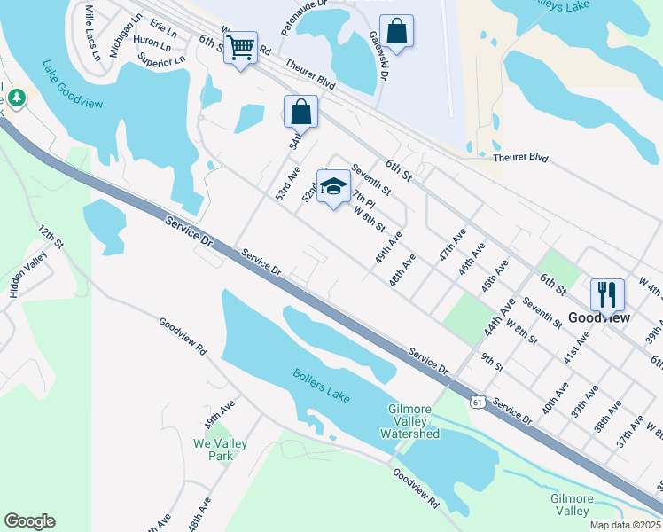map of restaurants, bars, coffee shops, grocery stores, and more near 4986 Service Drive in Goodview