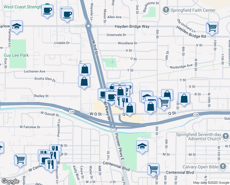 map of restaurants, bars, coffee shops, grocery stores, and more near 1950 2nd Street in Springfield