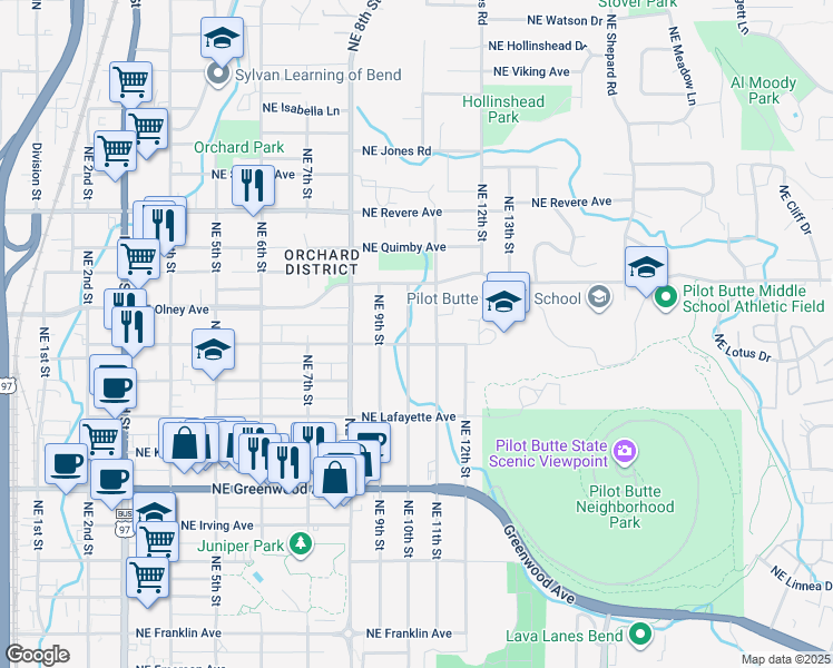 map of restaurants, bars, coffee shops, grocery stores, and more near 1404 Northeast 10th Street in Bend