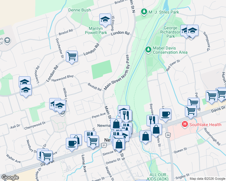 map of restaurants, bars, coffee shops, grocery stores, and more near 155 Main Street North in Newmarket